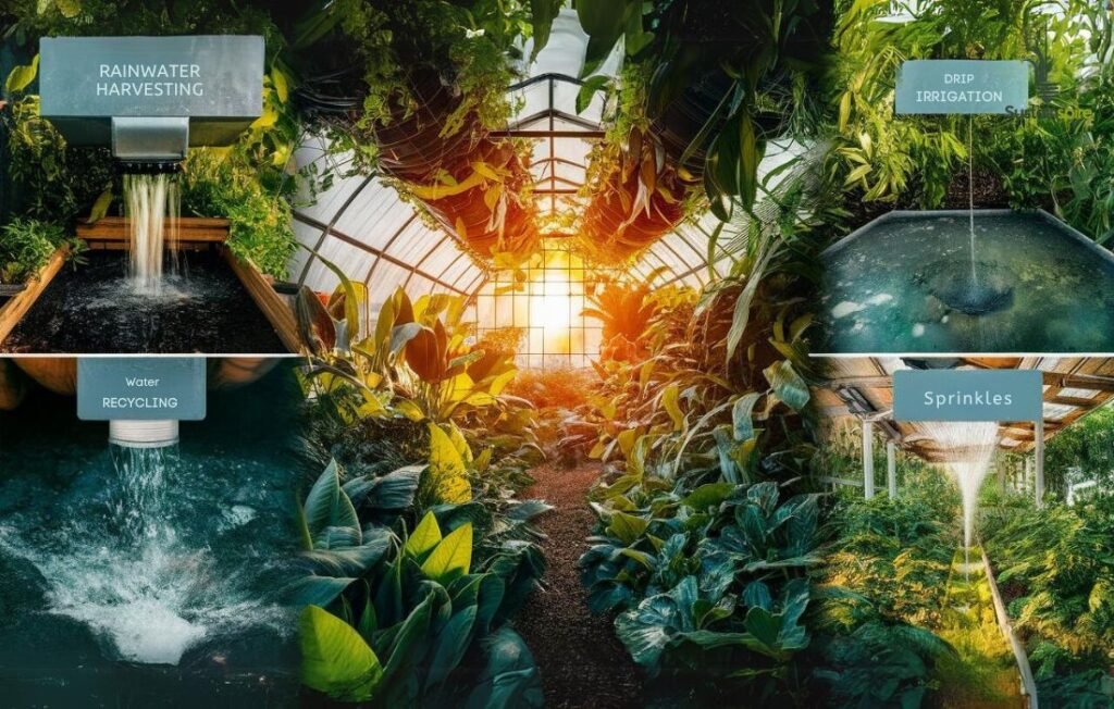 A collage of four images showcasing water conservation techniques in a greenhouse.