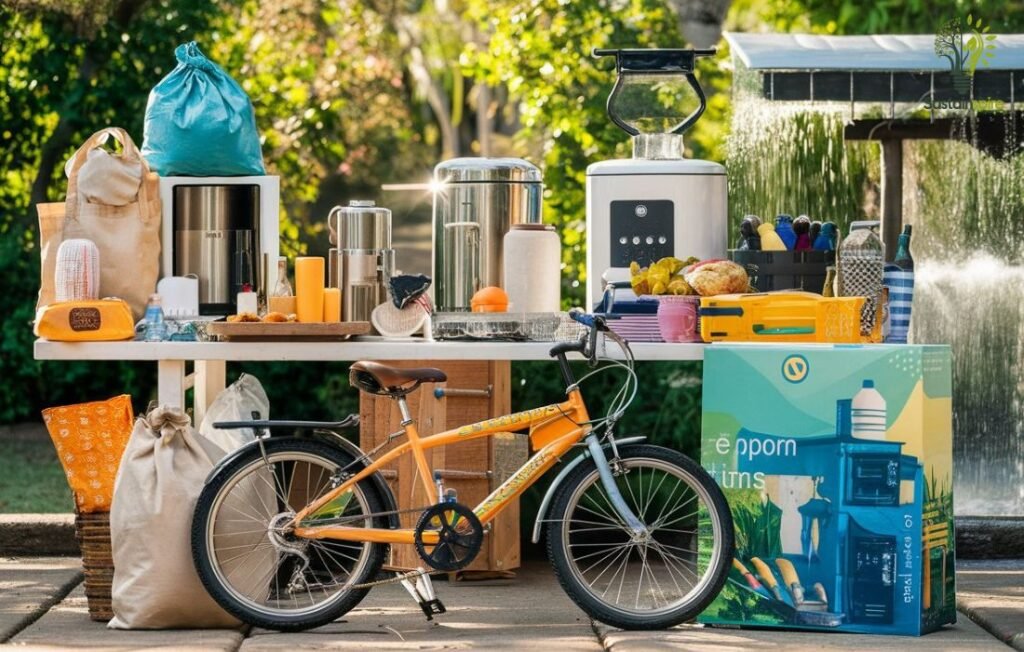 Table with reusable products and a bicycle, showcasing everyday actions for conservation.