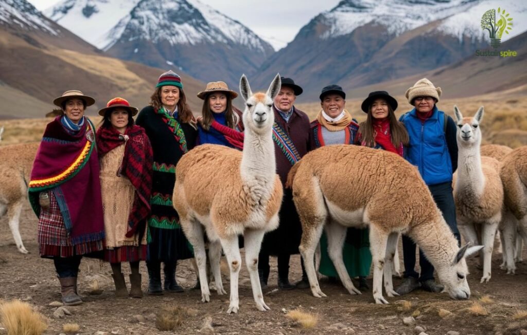 A group of people in traditional Andean clothing stand with vicuña in the Andes Mountains.