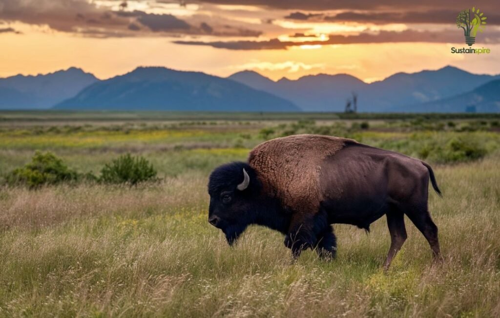 A bison grazes in a grassy field with mountains in the background, demonstrating the success of bringing back lost habitats.