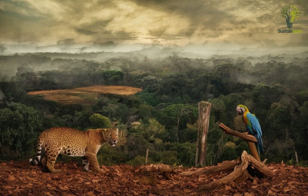 A jaguar and a macaw stand at the edge of a rainforest, highlighting the challenges ahead for ecosystem.