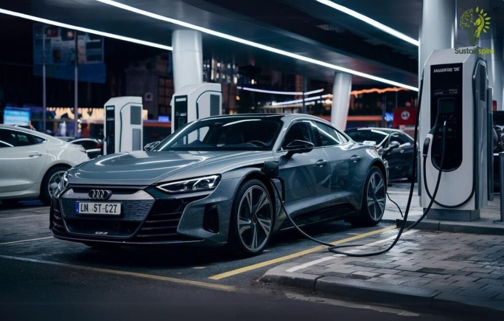 Electric car plugged into a charging station, representing a Charging Greener Future.
