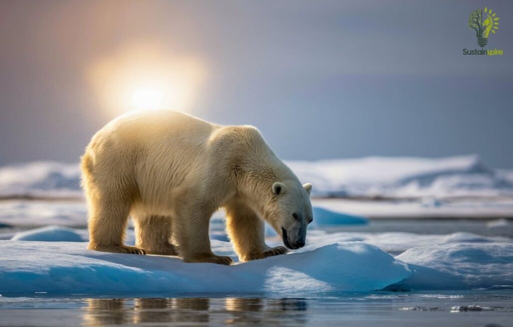 A polar bear stands on a shrinking ice floe, a symbol of the Climate Change impact on Arctic habitats and Species Survival Plan.