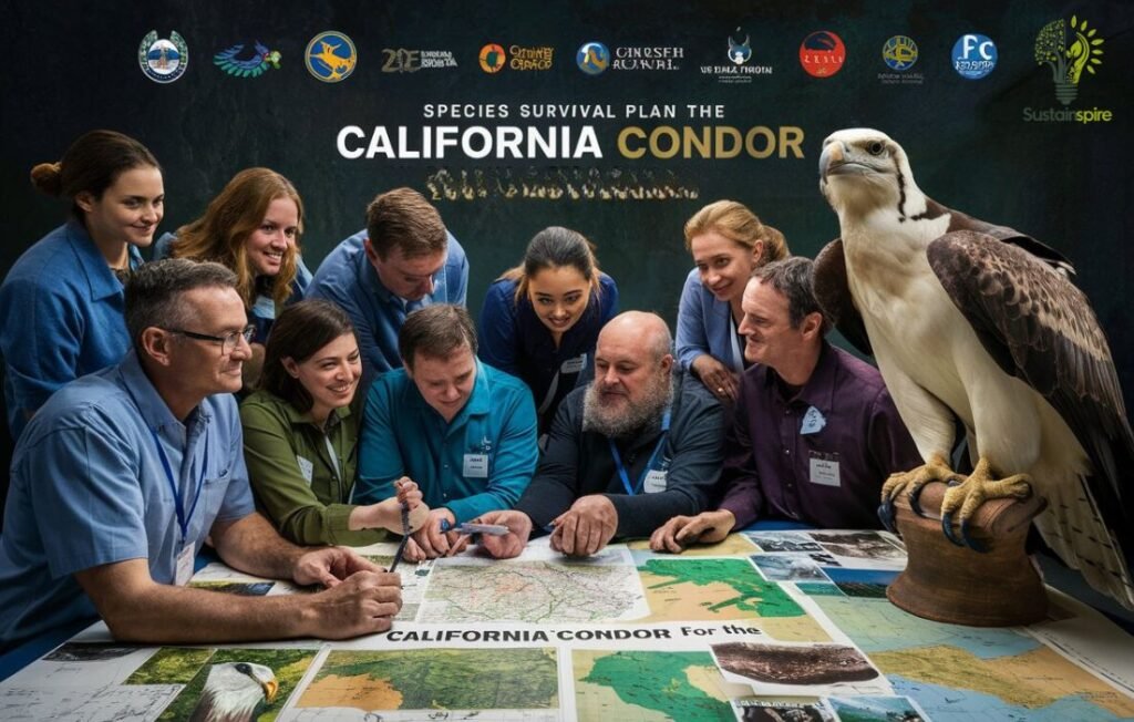A group of people collaborate around a table covered in maps, demonstrating the collaborative efforts of the California Condor Species Survival Plan.