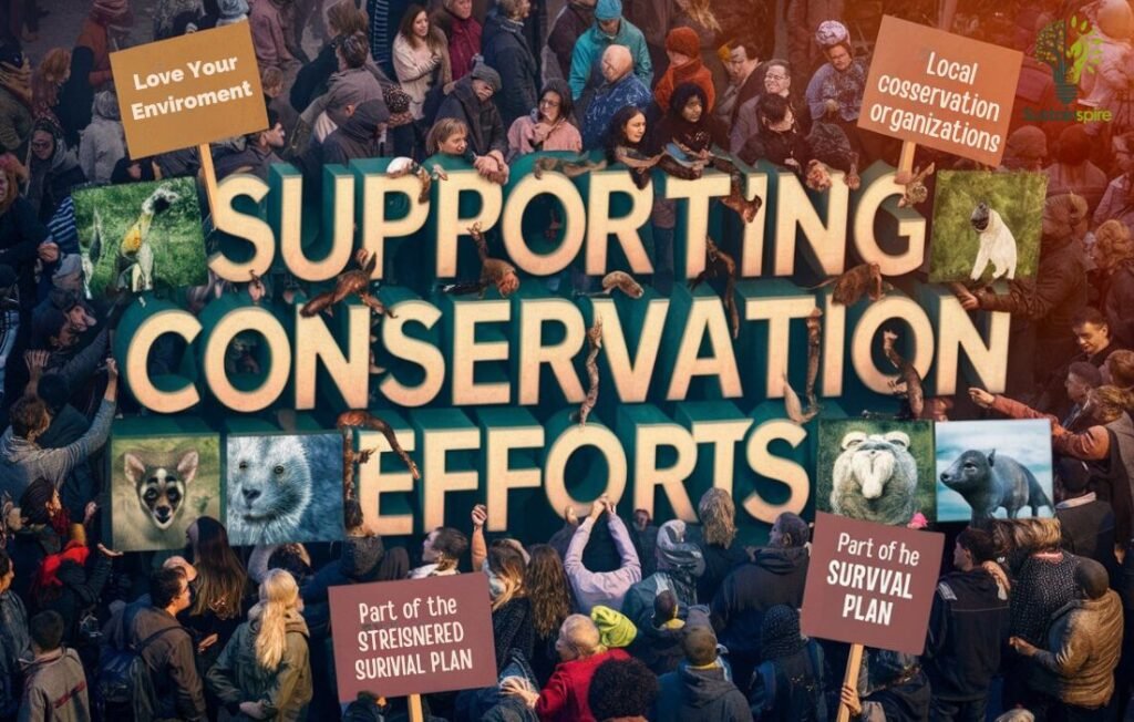 A diverse crowd holds signs promoting conservation efforts and the Species Survival Plan.