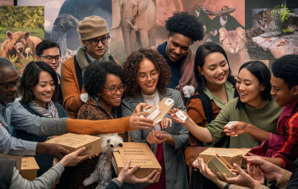 A group of people handing each other donation boxes to support donating to conservation organizations.