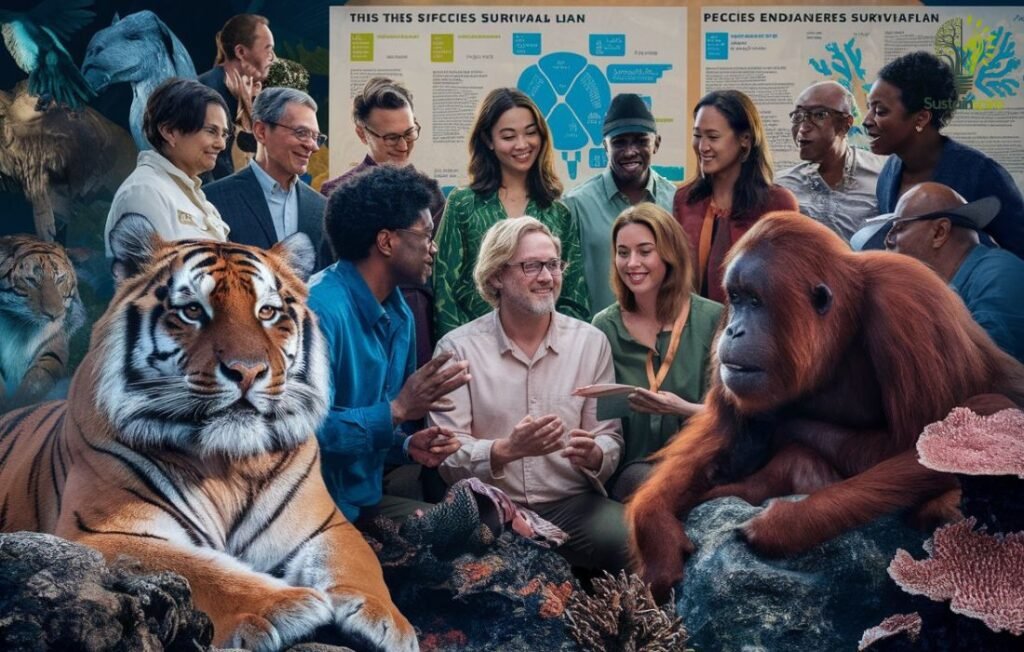 This image showcases the power of education and awareness in species conservation. Moreover, a team of individuals is gathered around charts outlining the Species Survival Plan.