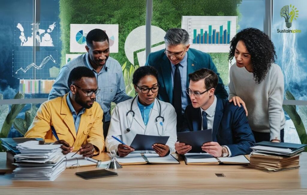 A diverse team gathers around a table reviewing documents, seeking expert opinions