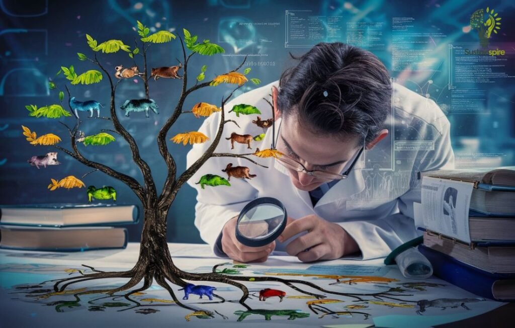 Scientist studying animal lineage and genetic makeup represented as a tree.