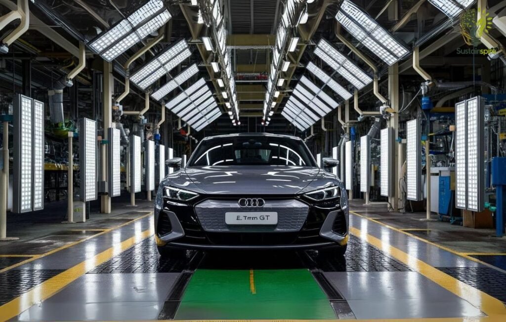 Car parked on a eco friendly greener factory floor.