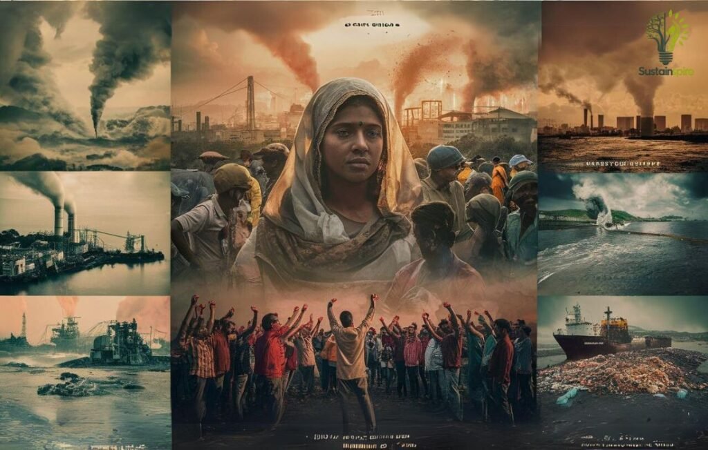 Collage depicting industrial pollution and community protest, relevant to identifying pollution disputes.