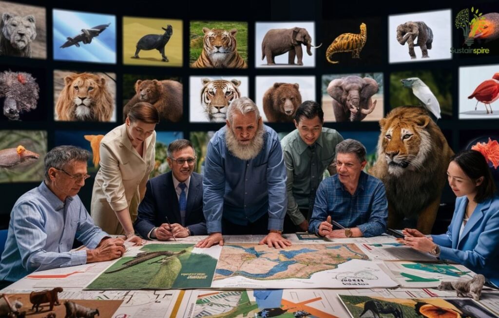 Conservationists collaborate on Species Survival Plans, surrounded by images of endangered animals.