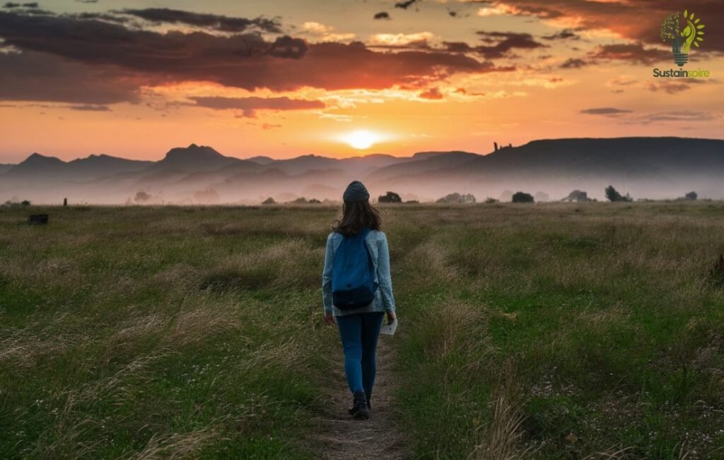 A person with a backpack walks towards a sunset, symbolizing individual difference in approaching ecological restoration.