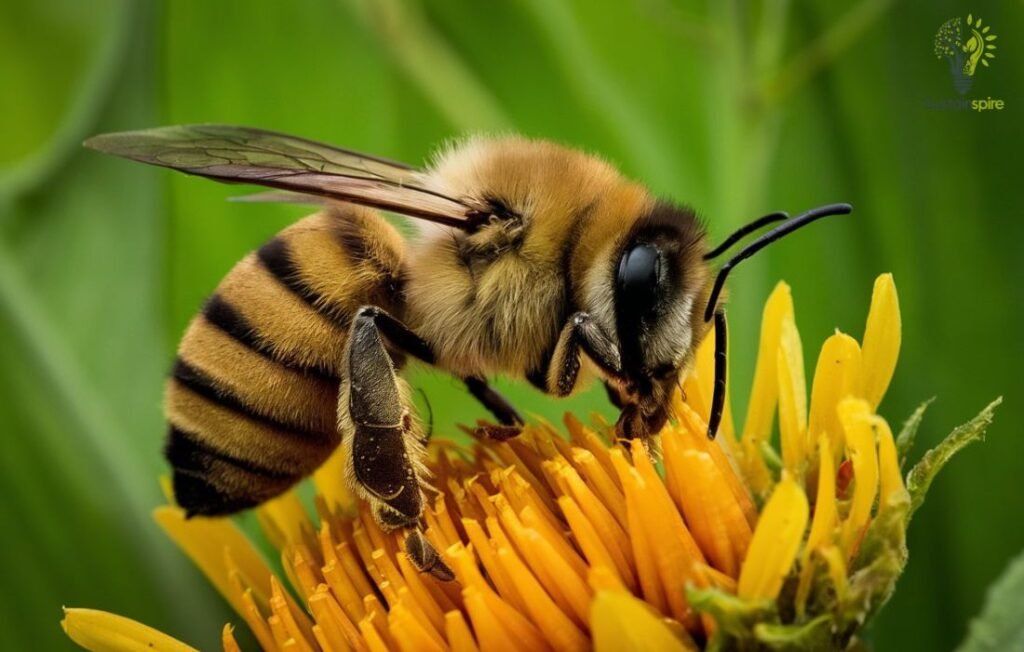 Bee pollinating a flower, representing investing in future ecosystems.