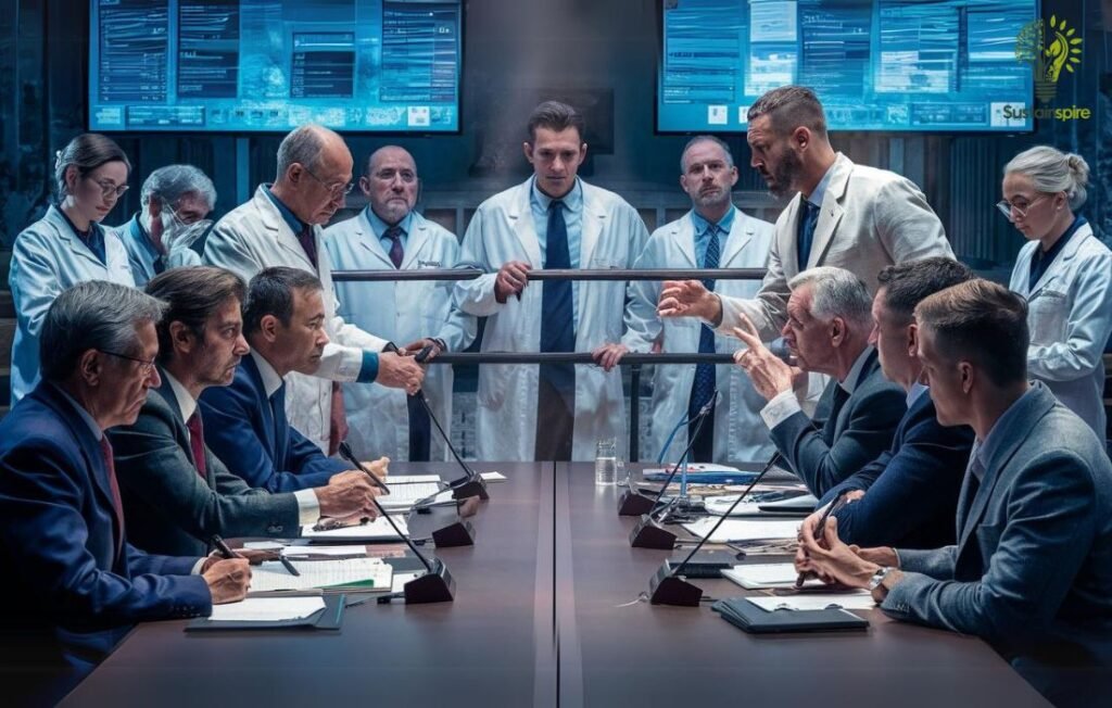 Key players in a pollution case meet at a table to discuss evidence.