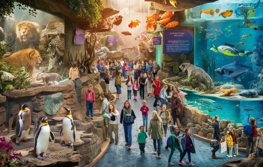 Families enjoy a day at the local zoo or aquarium, observing penguins, lions, and fish in their habitats.