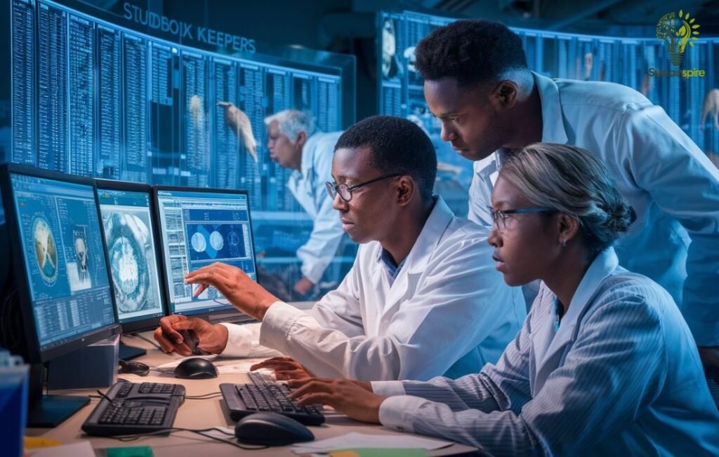 Scientists analyze genetic data on computer screens for matching animals for breeding.