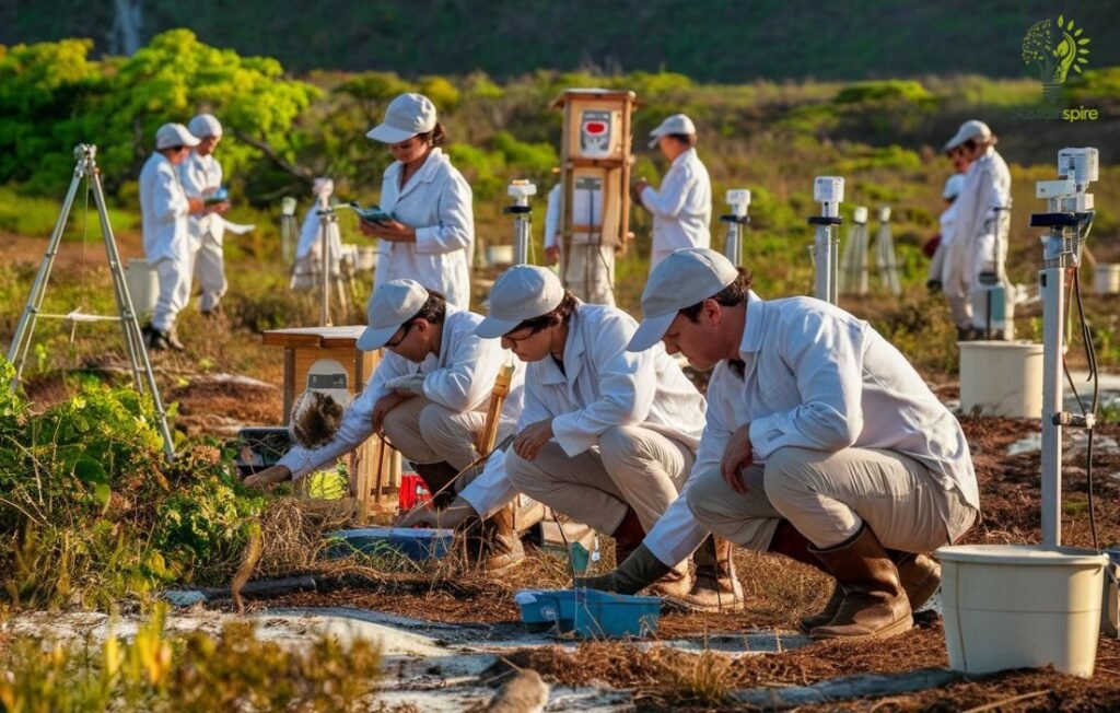 Scientists in white monitoring habitat restoration progress (under Species Survival Plan), demonstrating monitoring success.