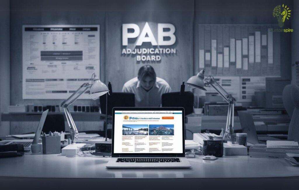 A PAB Government Website open on a laptop in an office setting.