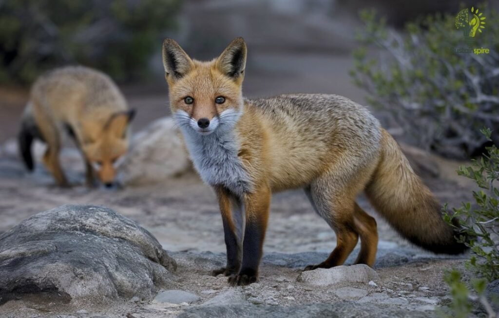 Red fox standing on rocky ground, representing threatened species recovery. Execution from paper to progress.