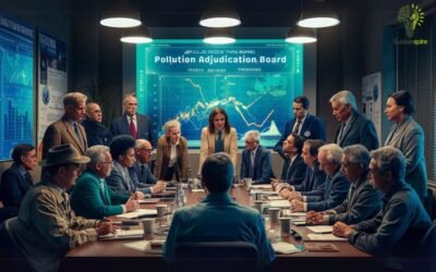 A diverse Pollution Adjudication Board gathers around a table for a meeting.