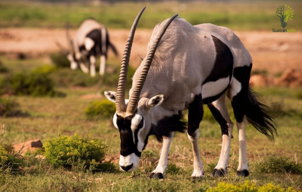 A scimitar-horned oryx grazing in a grassy field, showcasing successful species reintroduction.