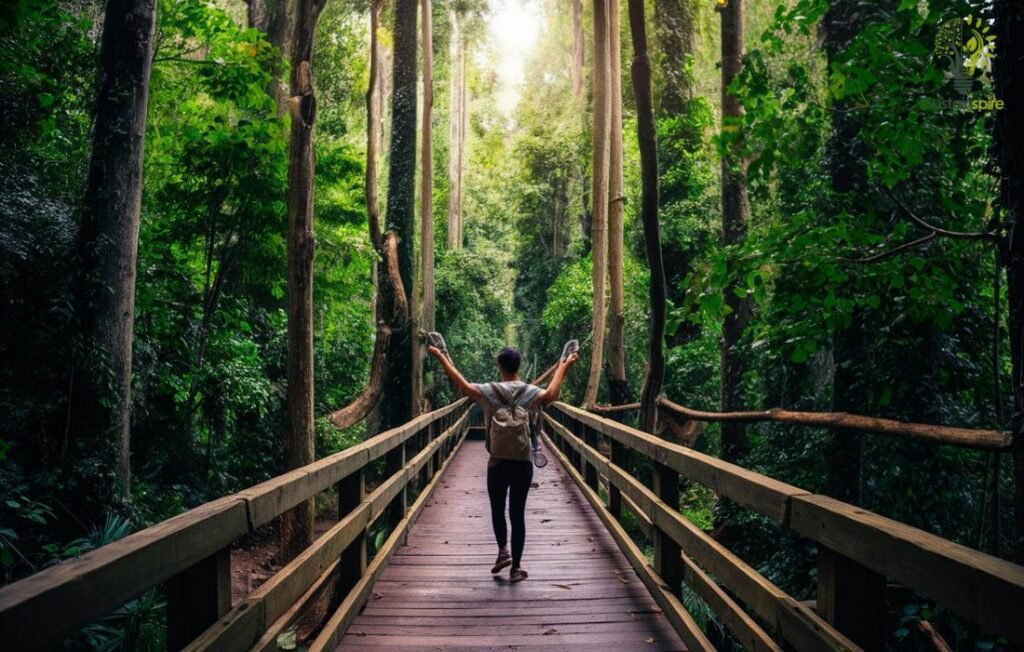 A responsible traveler hikes through a lush green forest on a wooden boardwalk.
