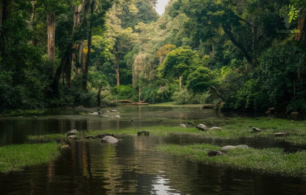 A river winds through a lush, green forest, a sign of hope for threatened ecosystems.