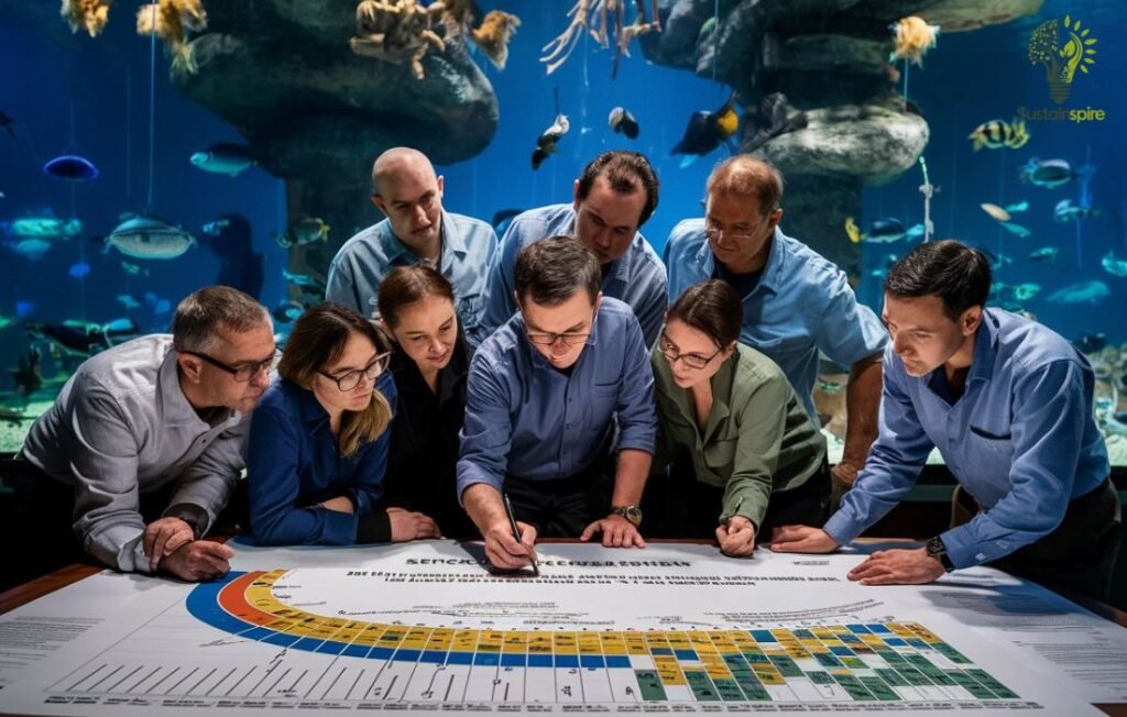 A team of people huddle over a large chart discussing Species Survival Plans in front of an aquarium tank.
