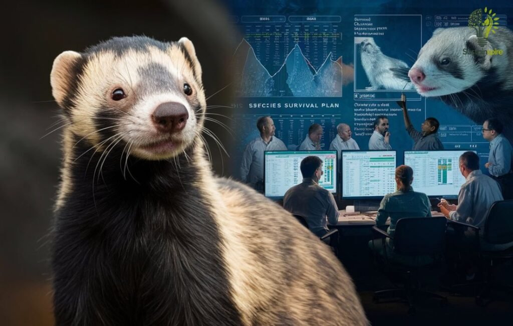 A black-footed ferret with SSP Science data and scientists working in the background.