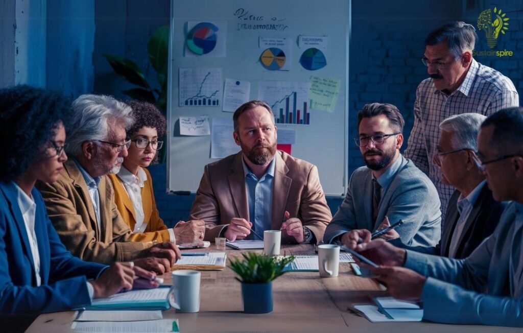 Board members in a serious meeting, demonstrating structure and authority.