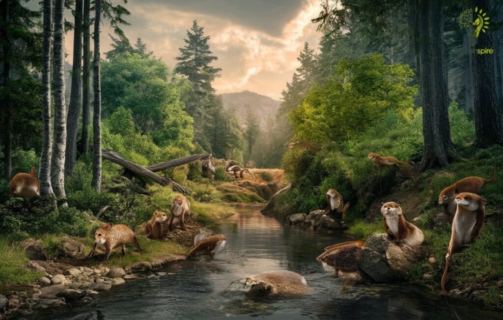 A group of playful otters enjoying a lush forest river, highlighting the interconnectedness of the web of life.