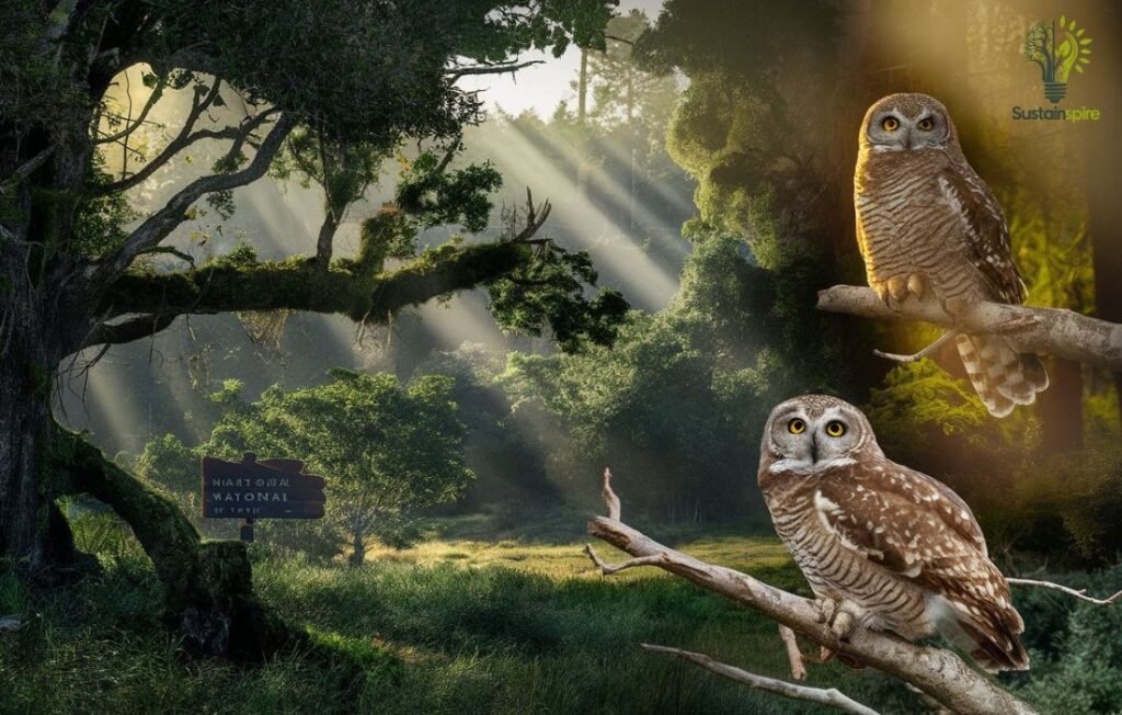 Two Northern Spotted Owls perched on branches within sun-dappled Wild Spaces of a National Forest.