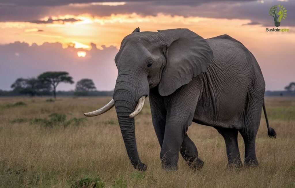 An elephant walks across the savanna at sunset, a victim of the illegal wildlife trade.