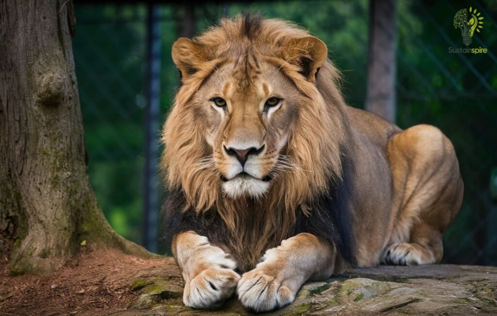 Lion lying down in a zoo enclosure, highlighting the Animal Welfare concerns of captivity.