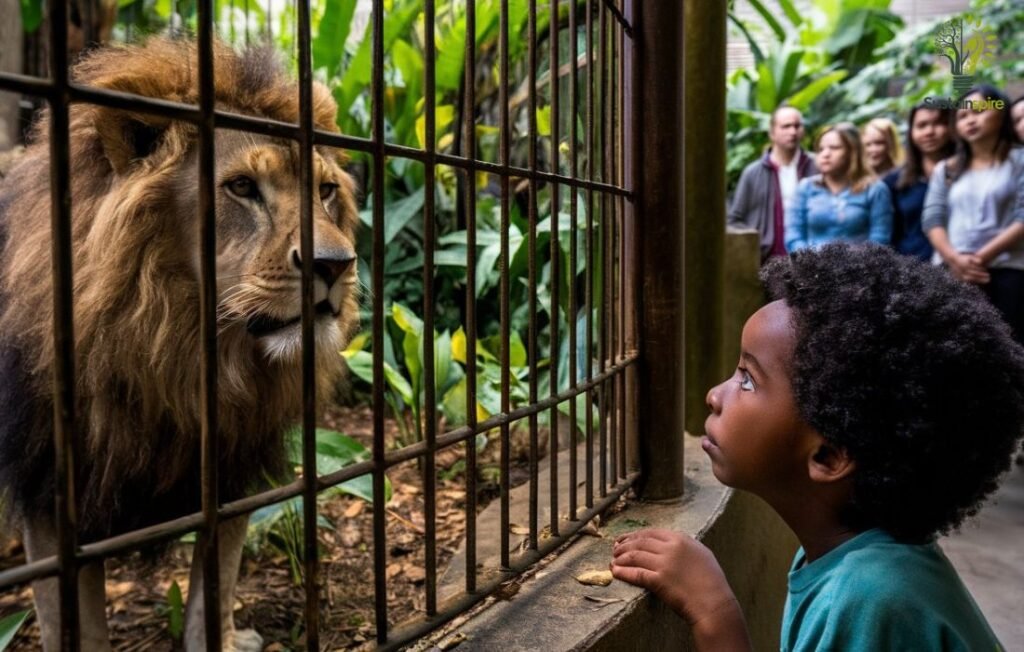 Child experiencing Appreciation for Wildlife while observing a lion in a zoo enclosure.
