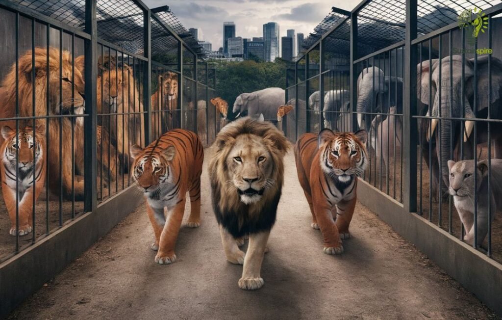 A group of lions and tigers pace inside cages, highlighting the ethical concerns of Captive Breeding Programs in zoos.