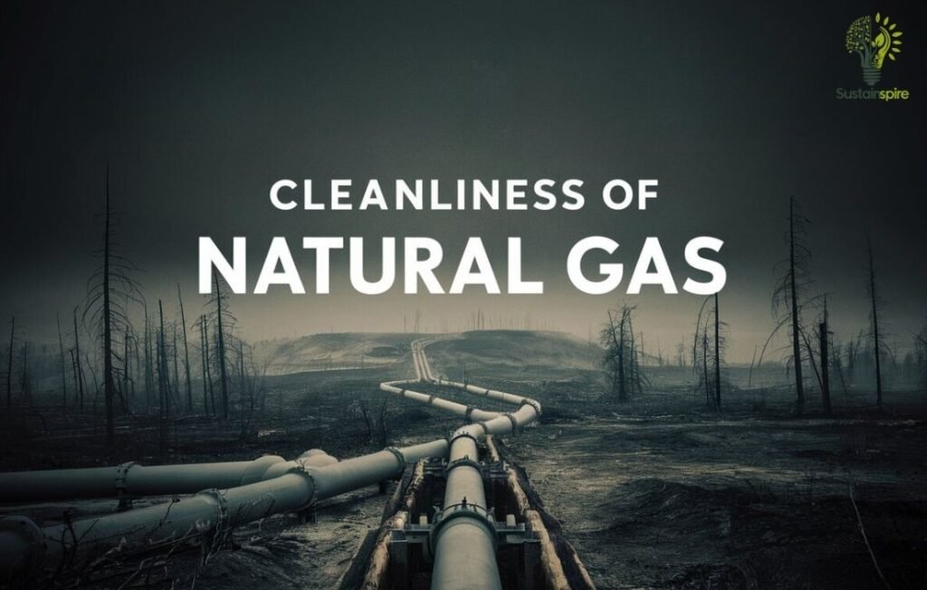 Natural gas pipeline crossing a barren landscape, questioning its status as a clean fuel.