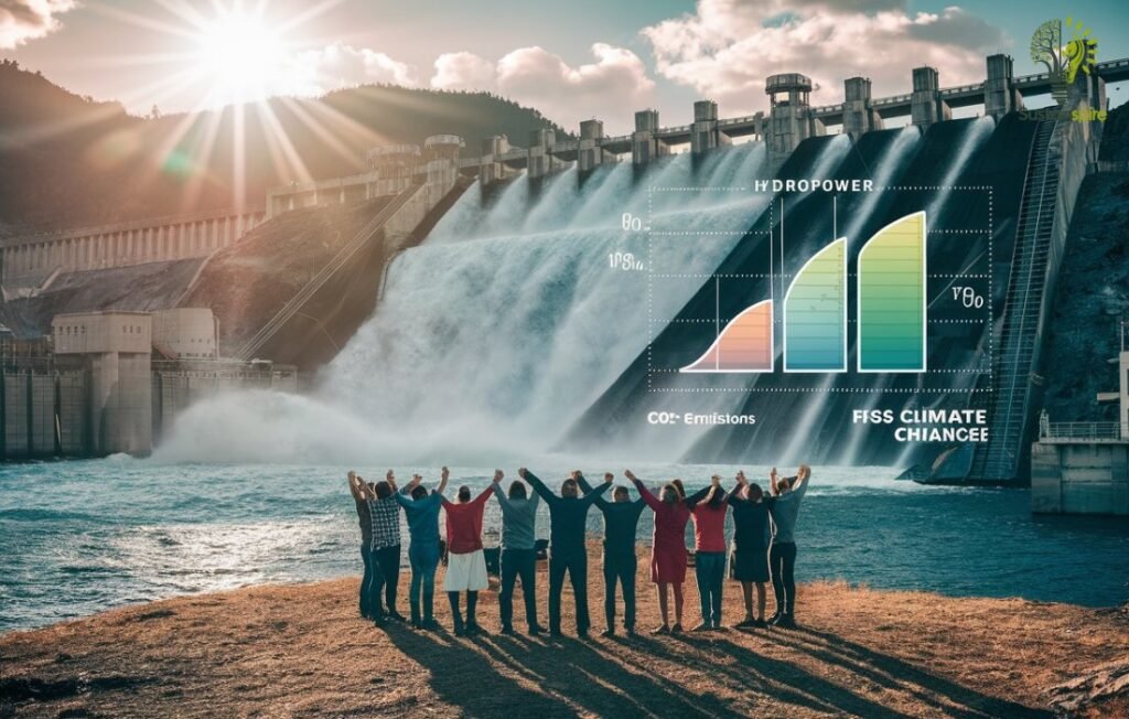 Hydro electronic dam with a graph illustrating the positive impact of hydropower on CO2 emissions for climate action.