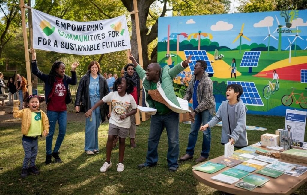 A diverse group of adults and children celebrating community efforts for a sustainable future.