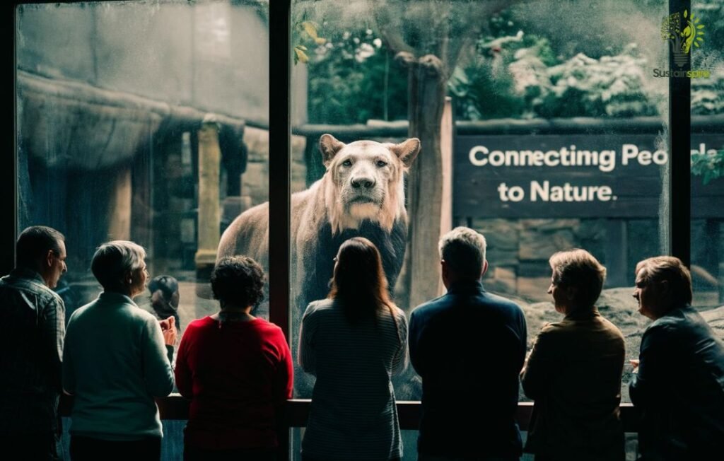 A group observes a large animal in a zoo enclosure, prompting reflection on Connecting People to Nature.