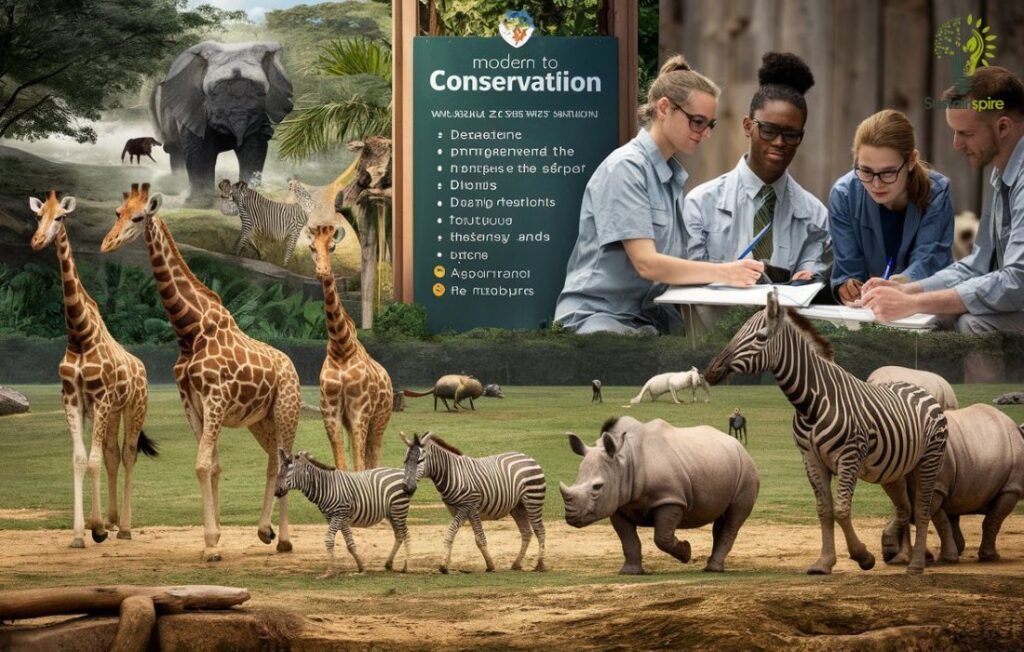 Zookeepers collaborate on conservation research with giraffes, zebras, and a rhinoceros in the background.