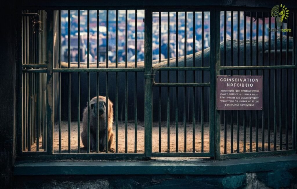 A lonely animal sits in a barren zoo enclosure, raising conservation concerns.