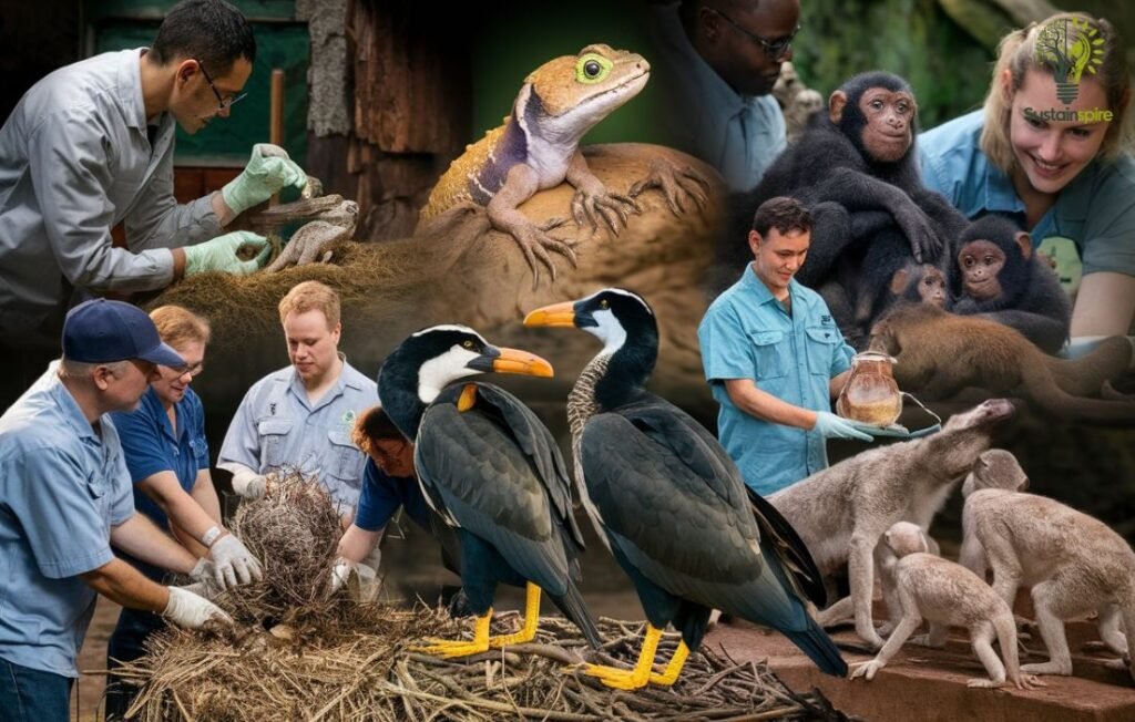 Zookeepers caring for various animals like monkeys, birds, and reptiles as part of conservation efforts.