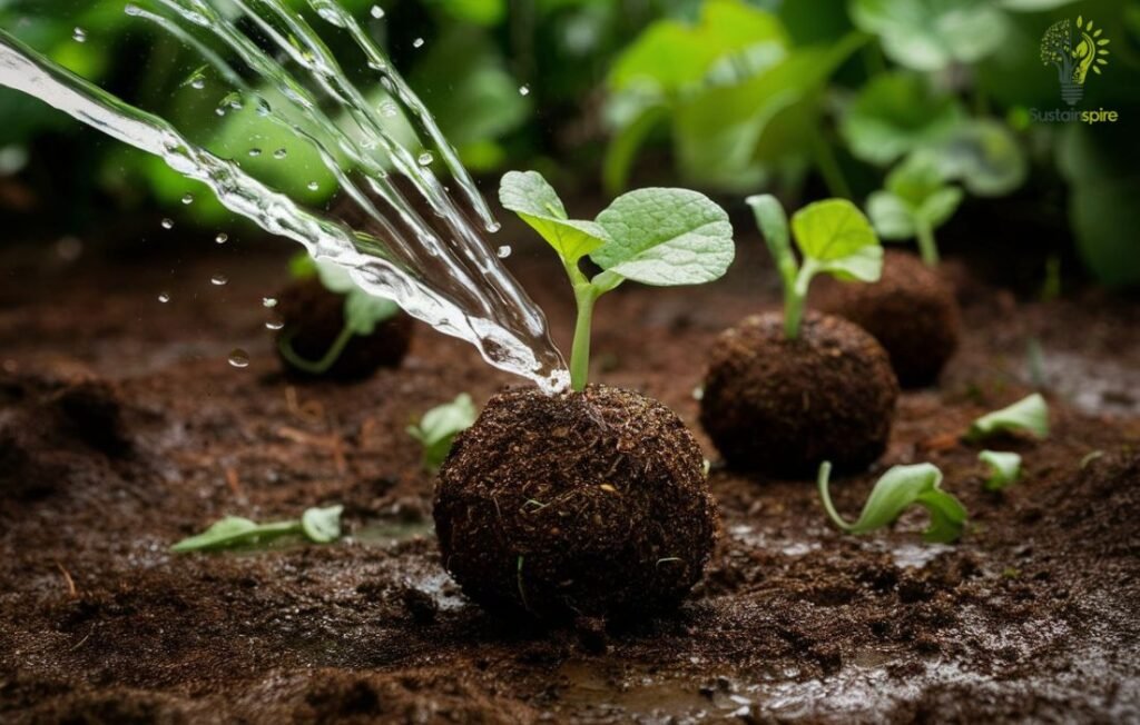 Watering seed balls to maintain consistent moisture.