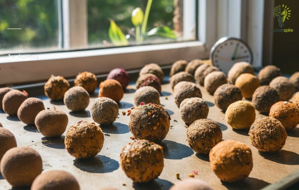 Rows of drying seed balls on a tray in the sun.