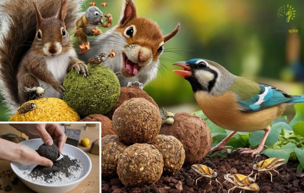 Earth Balls and Pests: Squirrels and birds eye tasty seed balls, while a hand prepares a batch with charcoal for protection.