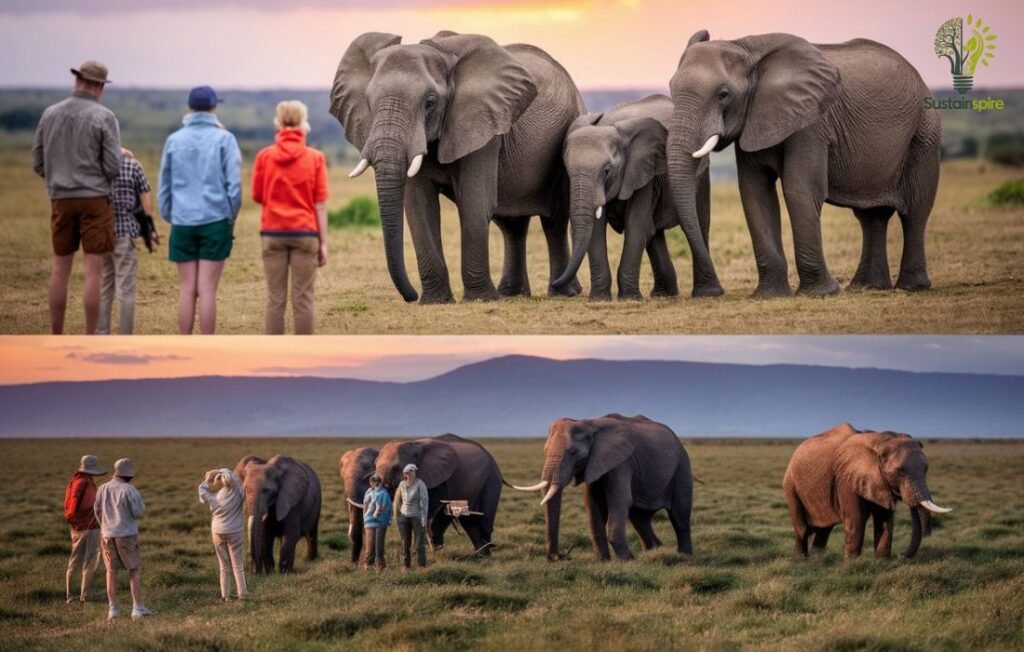 A group of tourists observe a herd of elephants in the wild during an eco-tourism safari.