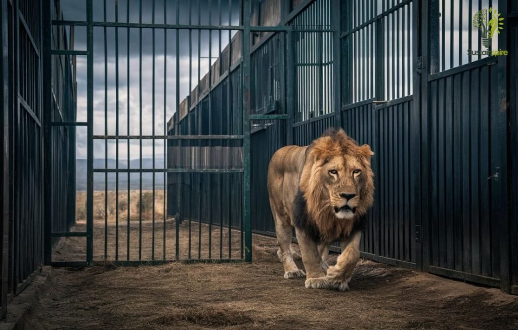 A powerful lion paces inside a fenced enclosure, illustrating the effects of confinement on wild animals.