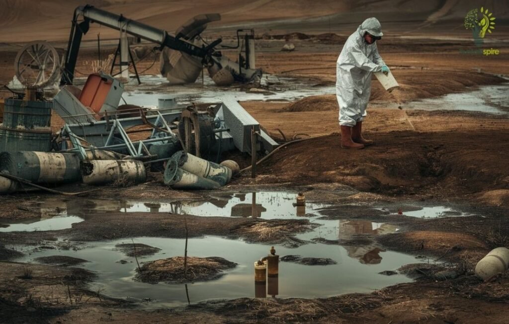 A scientist in a hazmat suit assesses environmental impacts at a fracking site, showing contaminated soil and water.